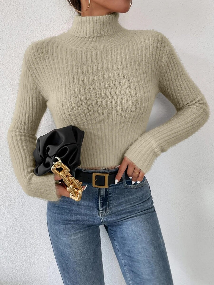 Ladies fine knit sweater with high collar and modern ribbed design Lune London