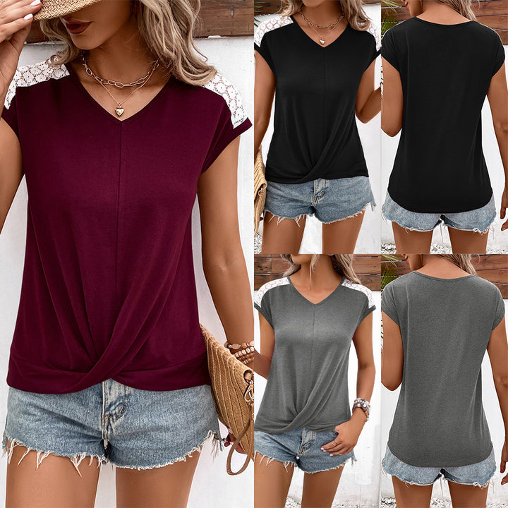Casual women's V-neck t-shirt with lace trim and rolled detail Lune London