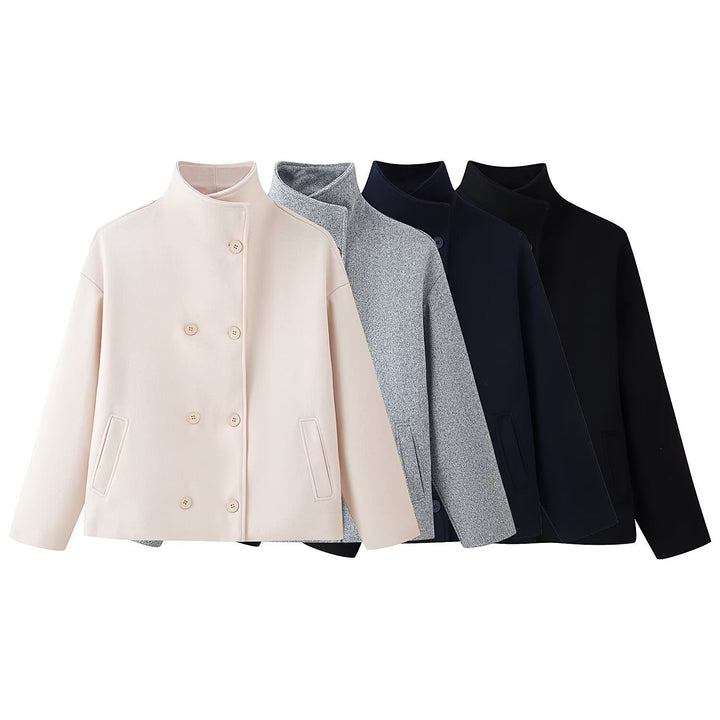 Veste en laine à la mode pour femmes avec col haut et patte à double bouton Chic & Stil