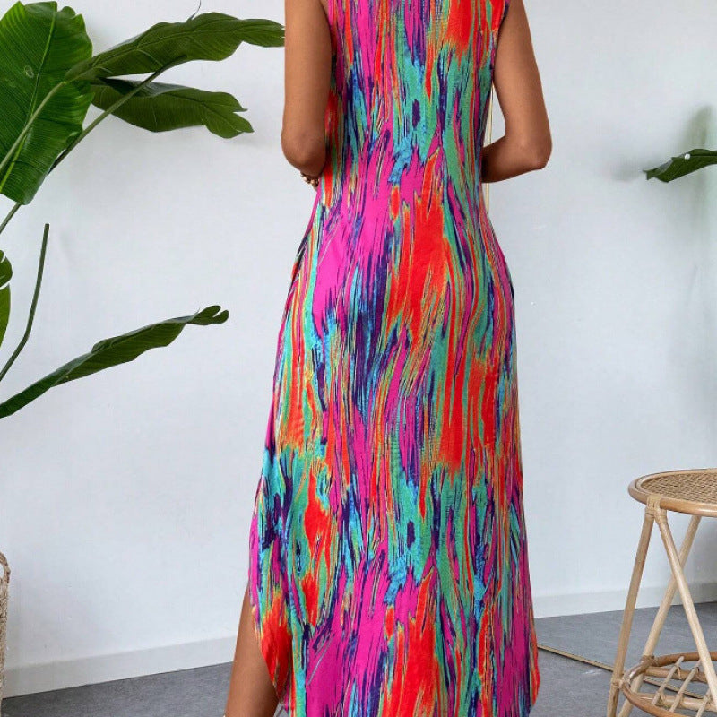 Vibrant Abstract Maxi Dress for Women with Chic Ruffle Hem and Style