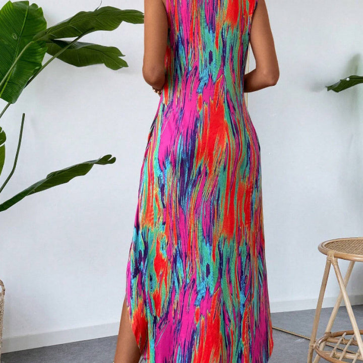 Vibrant Abstract Maxi Dress for Women with Chic Ruffle Hem and Style