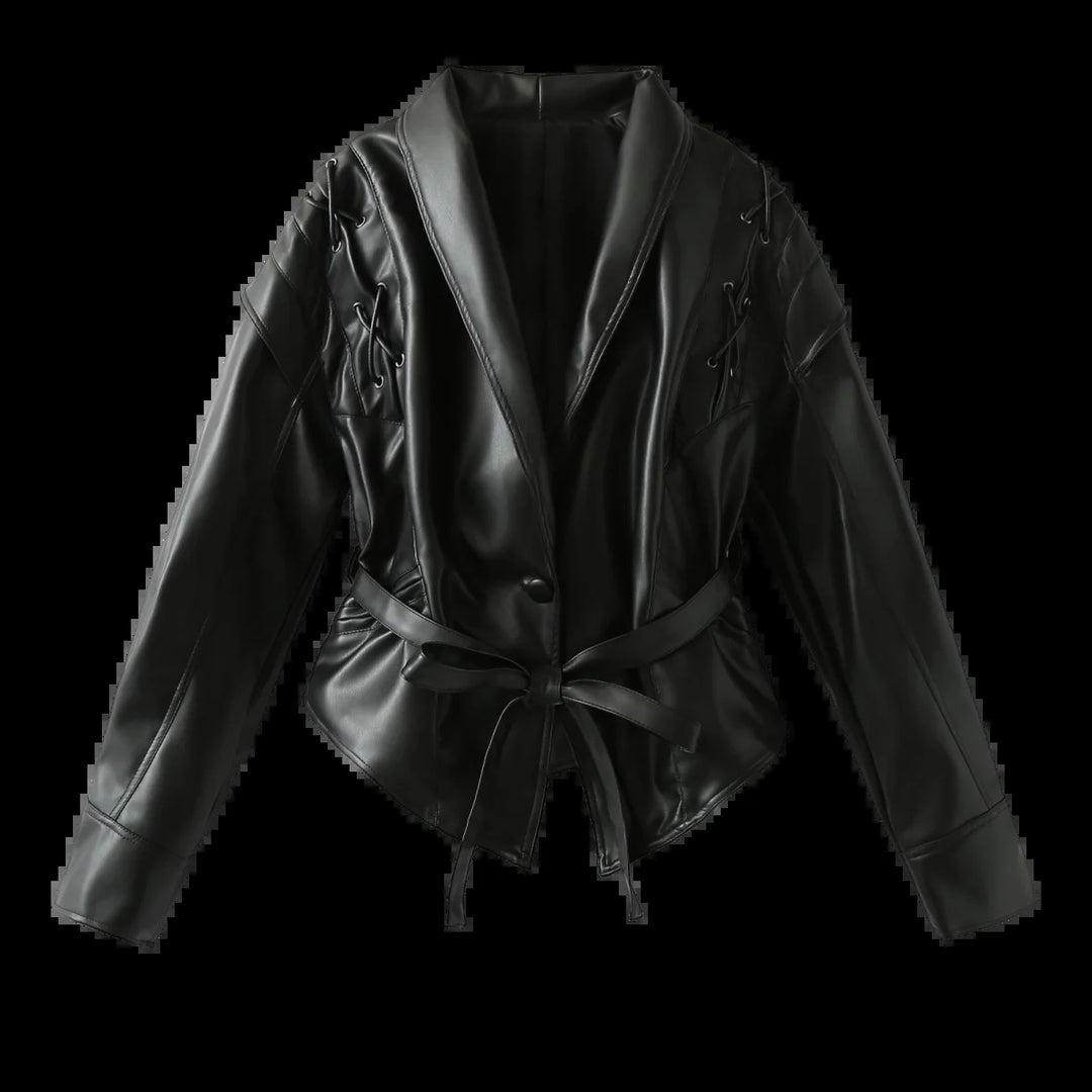 Women's faux leather blazer with modern design and practical belt Lune London