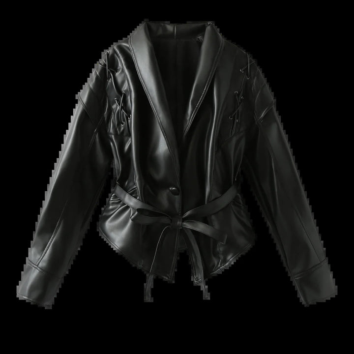 Women's faux leather blazer with modern design and practical belt Lune London