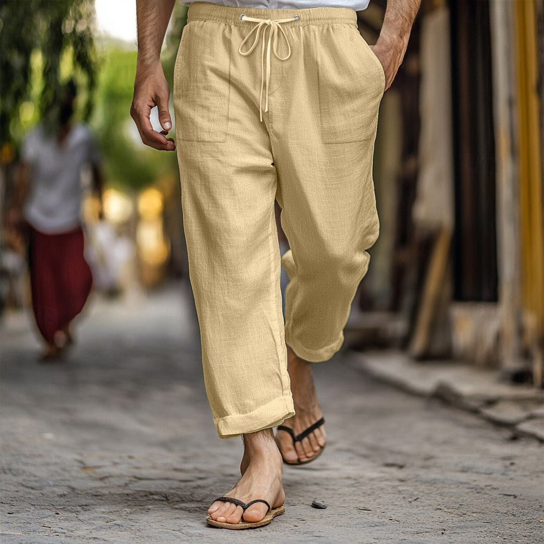 Casual and lightweight linen pants for men with elastic waist and practical side pockets Lune London