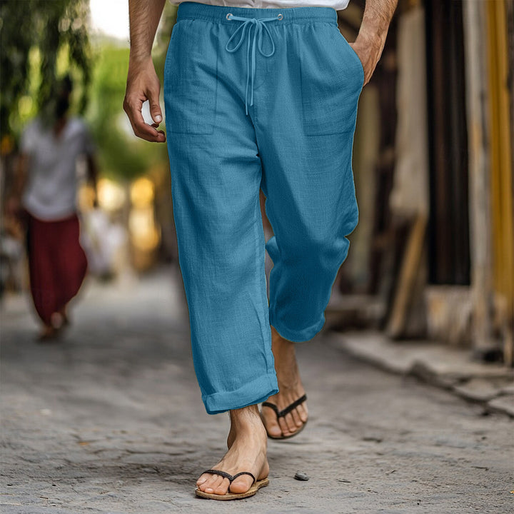 Casual and lightweight linen pants for men with elastic waist and practical side pockets Lune London