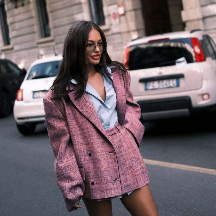 Elegant blazer set for women and mini skirt with double-breasted buttons and textured fabric Lune London