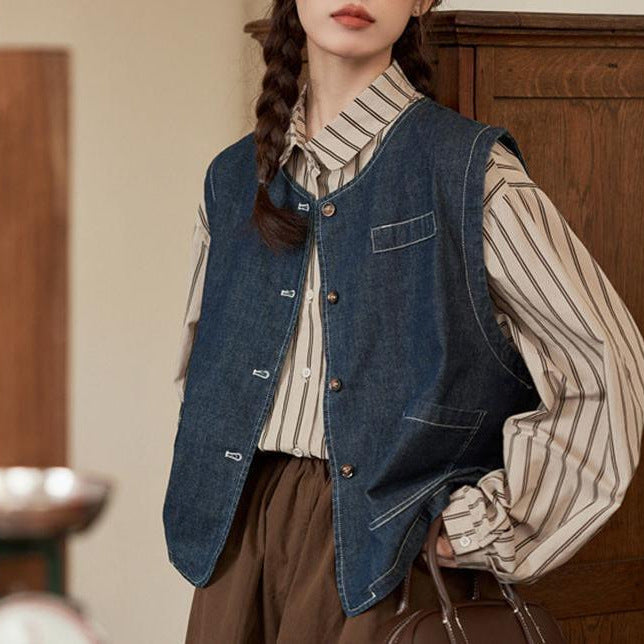 Gilet en denim pour femmes avec fermeture à boutons et poches Chic & Stil