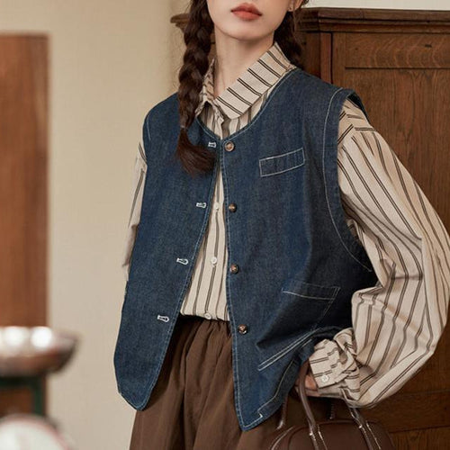 Gilet en denim pour femmes avec fermeture à boutons et poches Chic & Stil