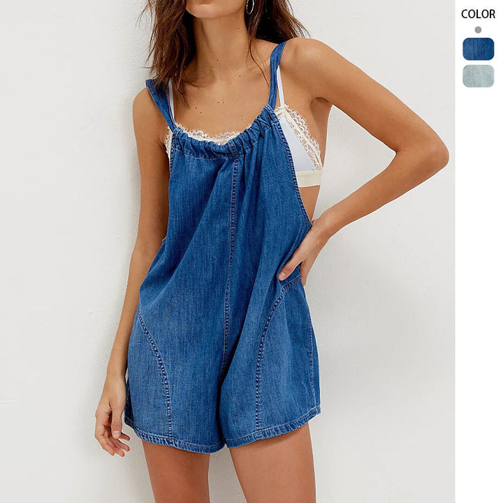 Denim overalls for women with gathered neckline and side pockets Chic & Stil