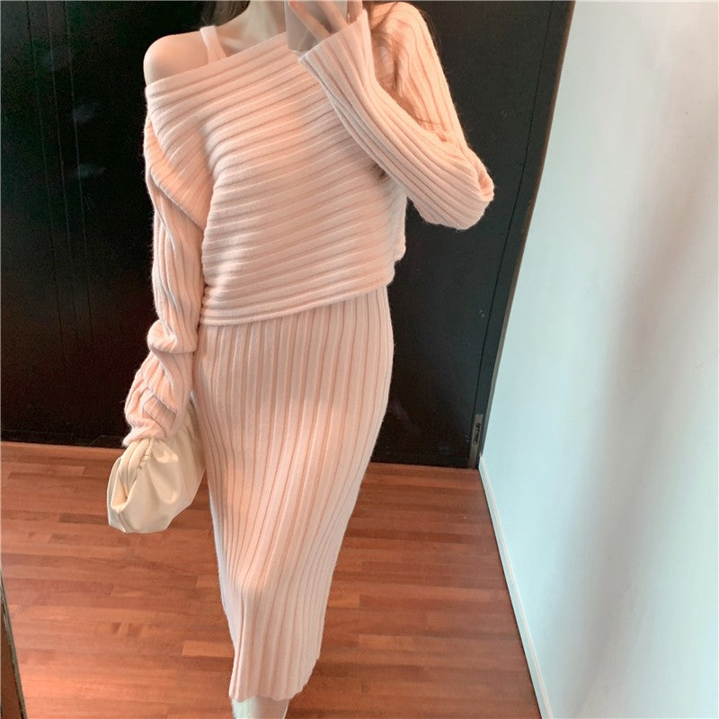 Women's knitted dress with asymmetrical neckline and ribbed texture Lune London