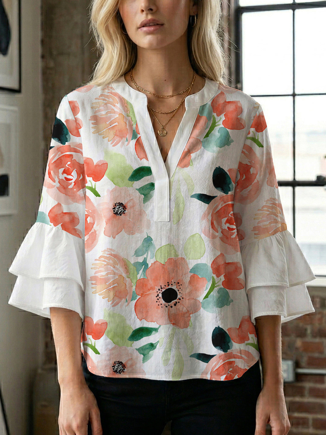 Women Elegant Top with Voluminous Puff Sleeves and Floral Print Lune London