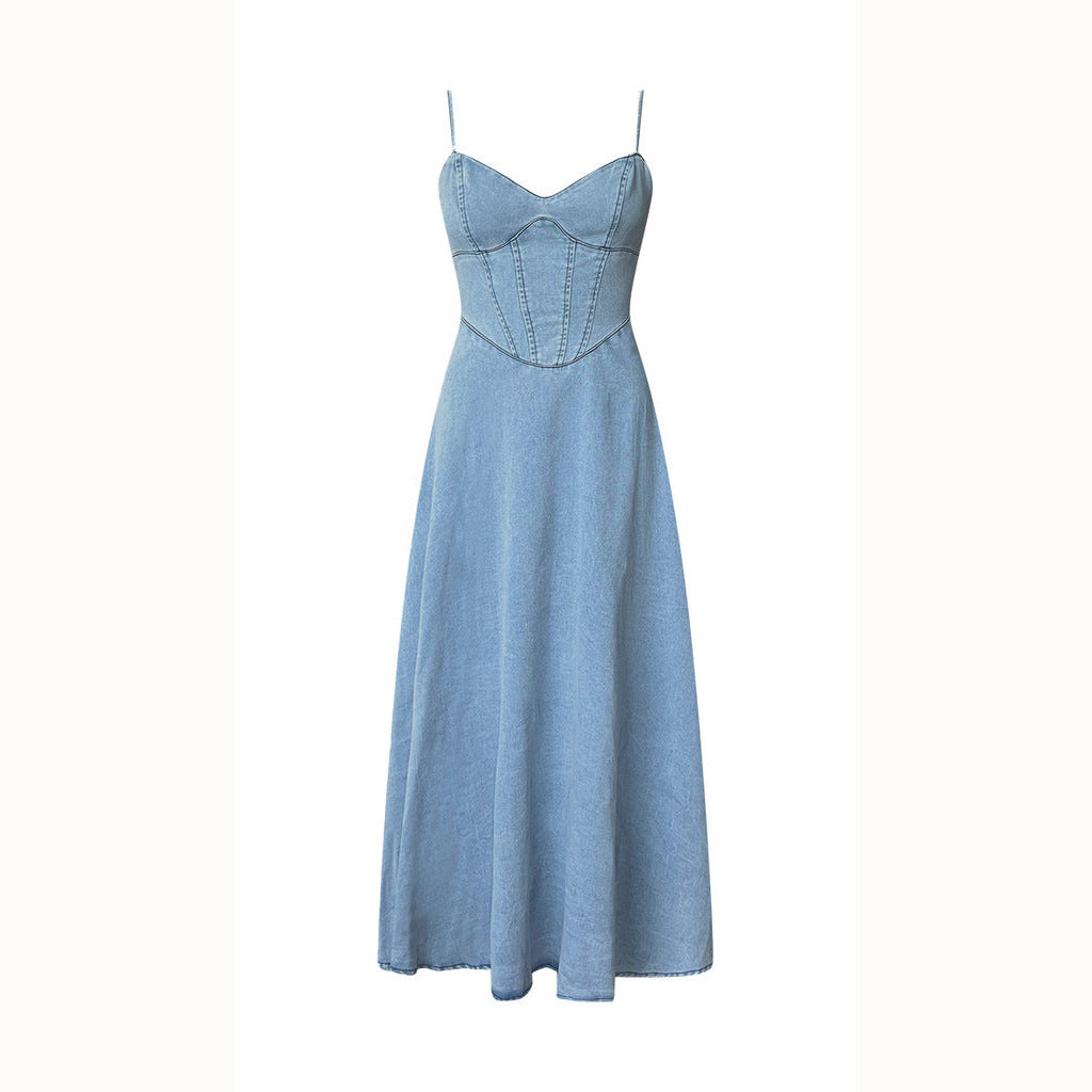 Women's maxi dress in denim style with fitted cut and spaghetti straps