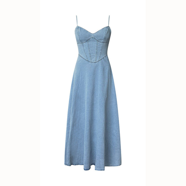 Women's maxi dress in denim style with fitted cut and spaghetti straps