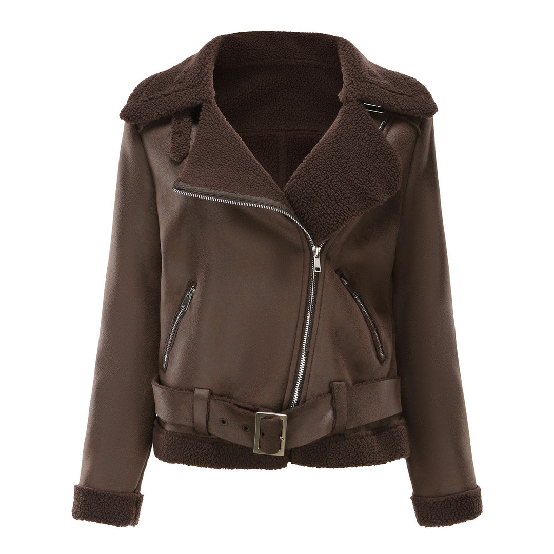 Sheepskin jacket for women with asymmetric zipper and belted waist Lune London