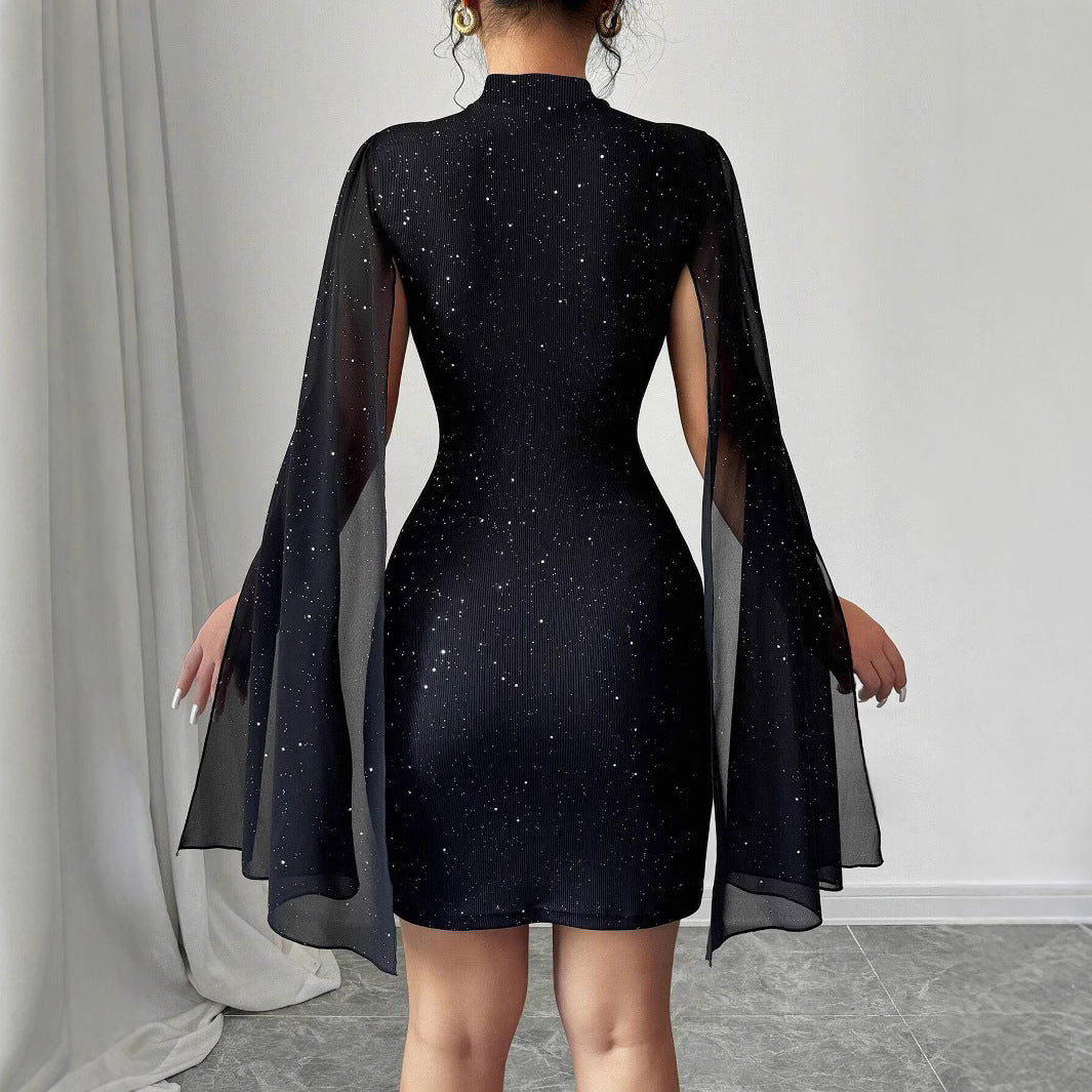 Elegant short dress for women with CAPE sleeves and sparkling details Lune London