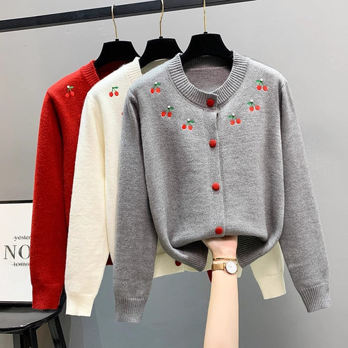Ladies playful cardigan with embroidered cherries and red buttons Lune London