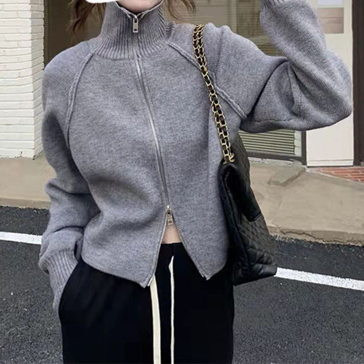 Knitted jacket for women with high-quality zipper and stand-up collar Lune London