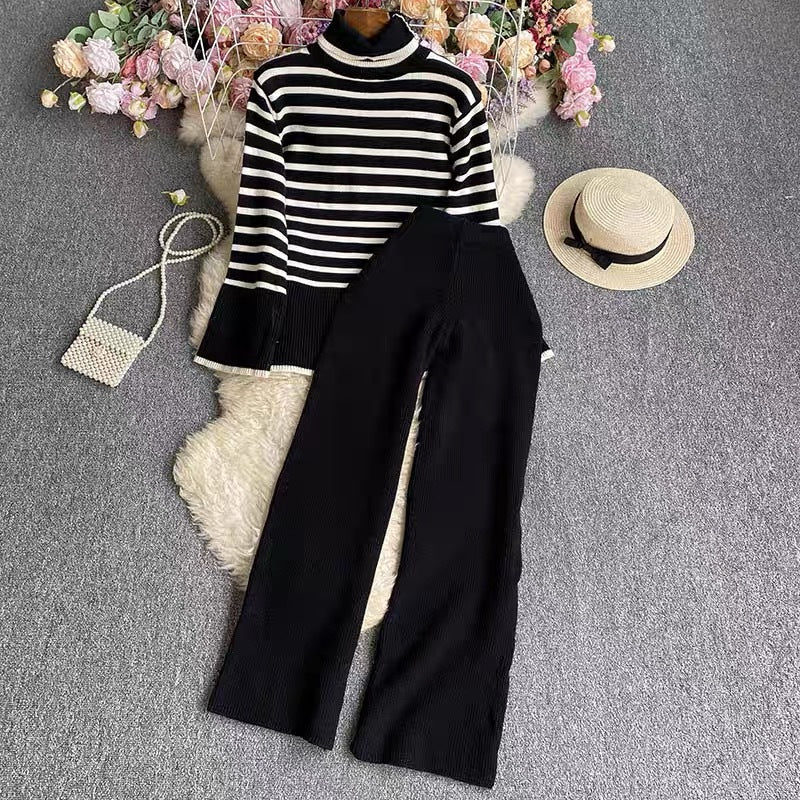 Women elegant striped knit set with high collar and wide leg Lune London