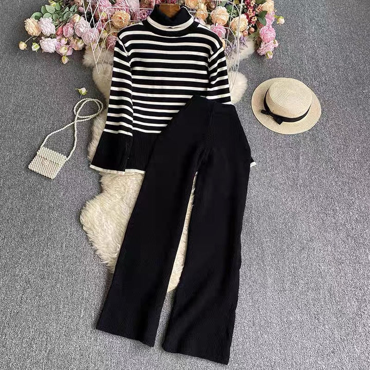 Women elegant striped knit set with high collar and wide leg Lune London