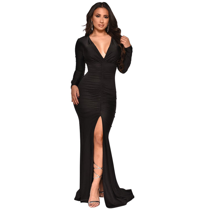 Chic and stylish evening dress for ladies with high slit and ruffles