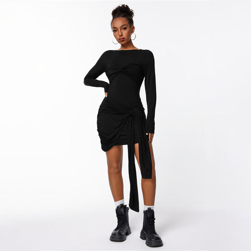 Robe portefeuille ajustée pour femmes avec manches longues et effet de gathering sur le côté Chic & Stil