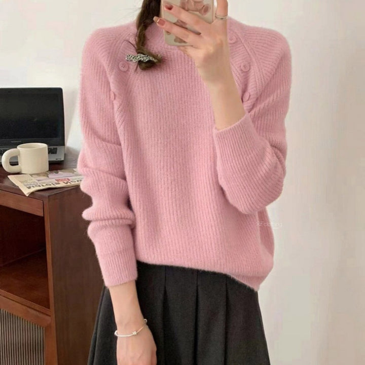 Chunky knit sweater for women with modern high collar and button details Lune London