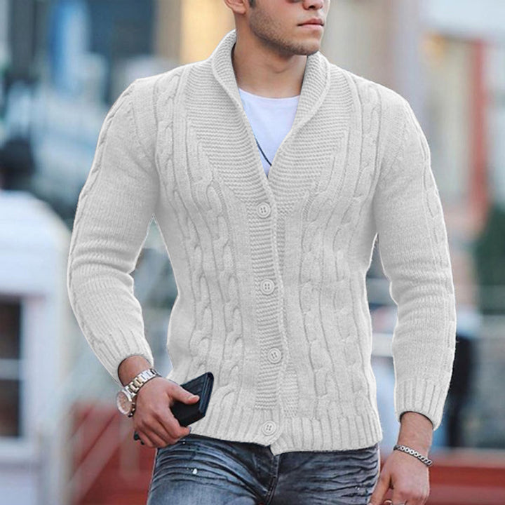 Men's knitted jacket with a unique cable pattern and a trendy shawl collar Lune London