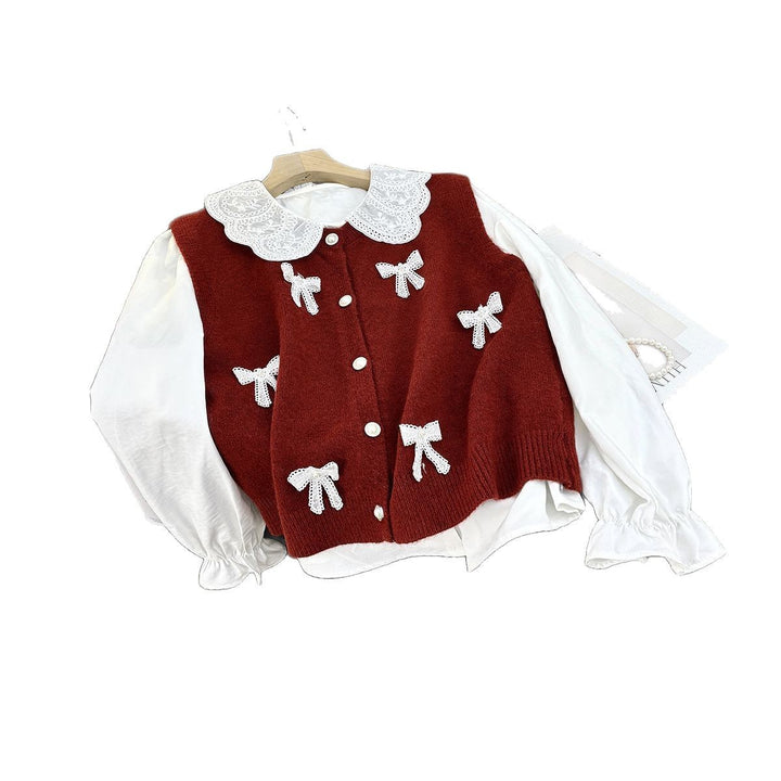 Ladies playful knit cardigan with rolled collar and decorative bows Lune London