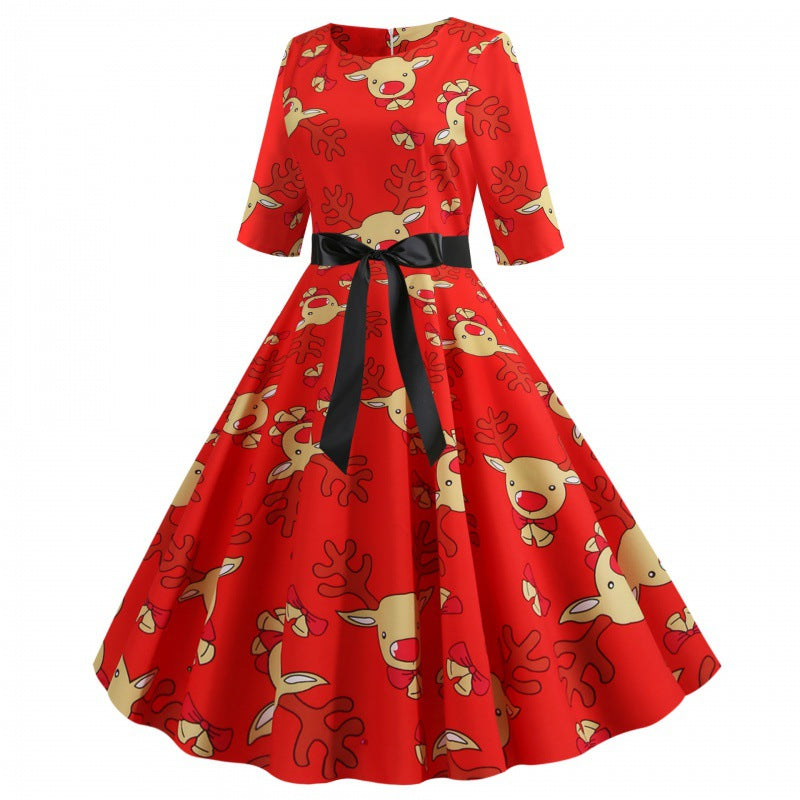 Robe évasée pour femmes avec un motif de renne joyeux et une silhouette ajustée Chic & Stil