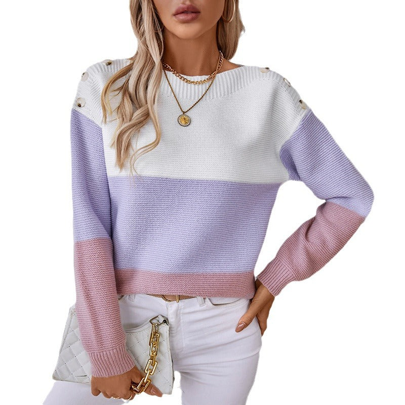 Fashion knit sweater for women with decorative button details and block stripes.