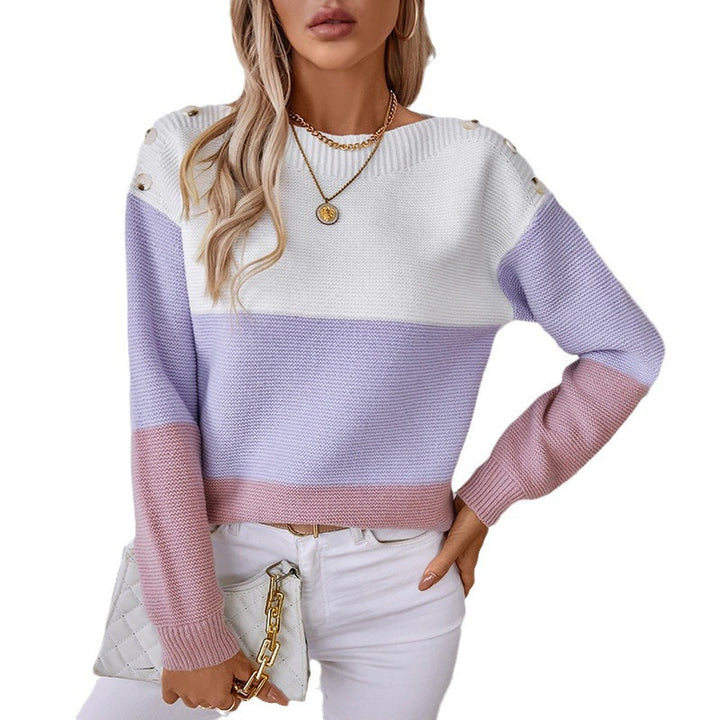 Fashion knit sweater for women with decorative button details and block stripes.