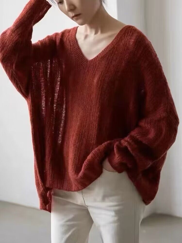 Pull en tricot épais pour femmes avec décolleté en V profond et coupe décontractée Chic & Stil