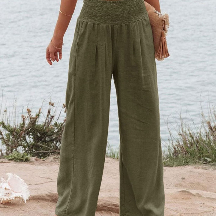 Women's Wide Linen Trousers with Elastic Waistband and Pleats Lune London