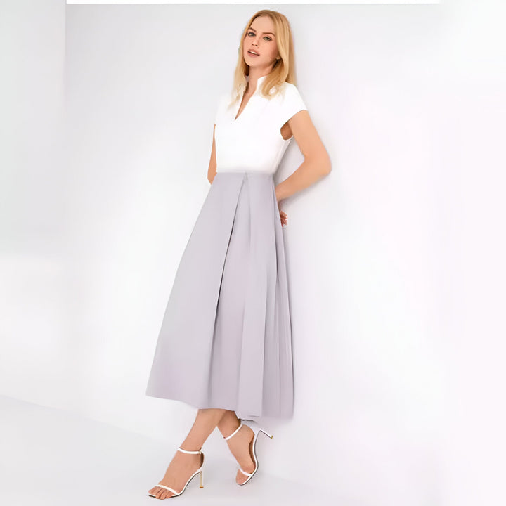 Chic und Stil | White Color Block V-Neck Flared Summer Dress