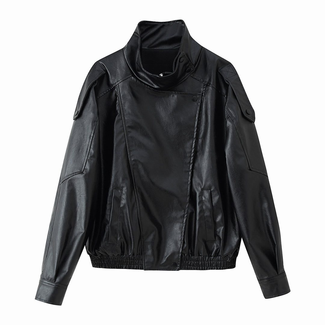 Women's faux leather jacket with trendy high collar and practical pockets Lune London
