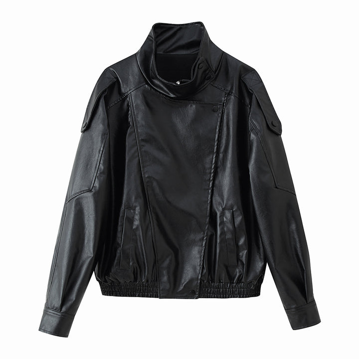 Women's faux leather jacket with trendy high collar and practical pockets Lune London