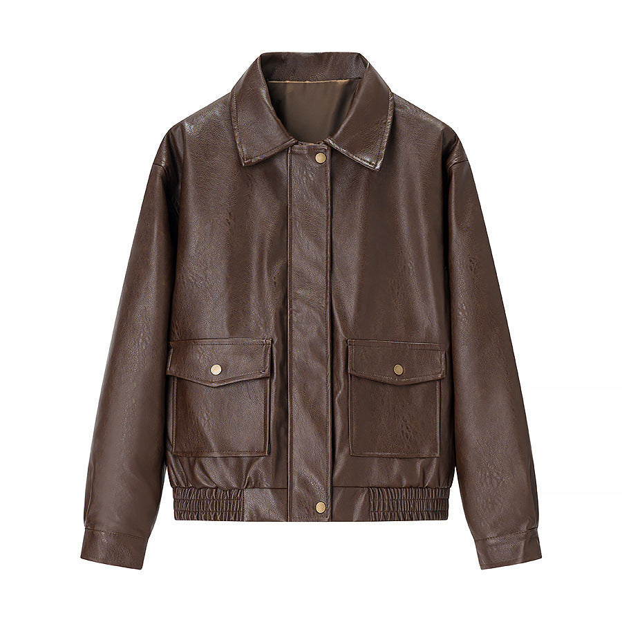 Faux leather jacket for women with flap pockets and high collar Lune London