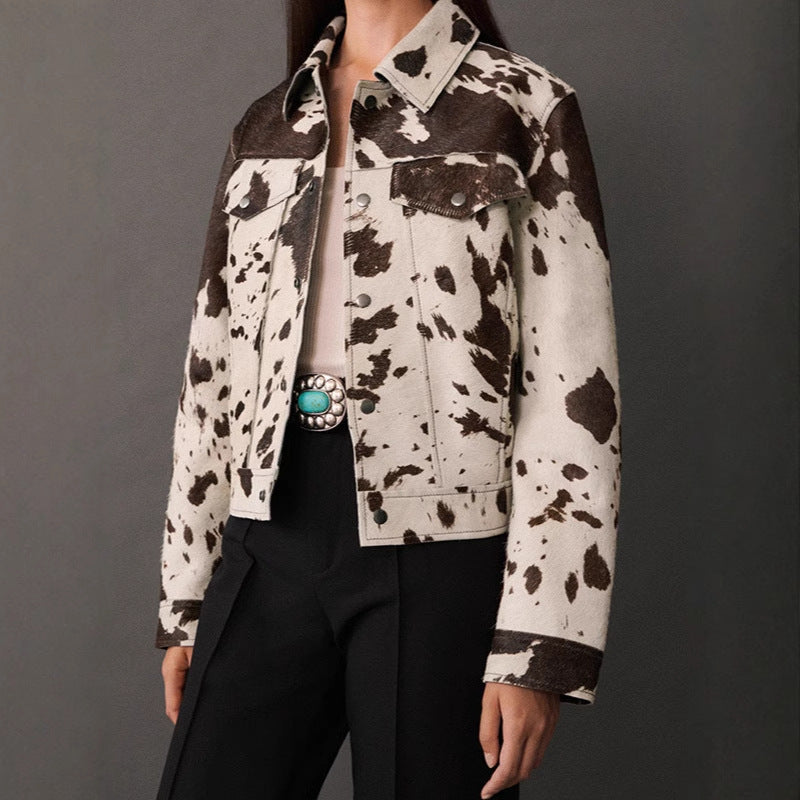 Sheepskin fashion jacket for women with striking animal pattern Lune London
