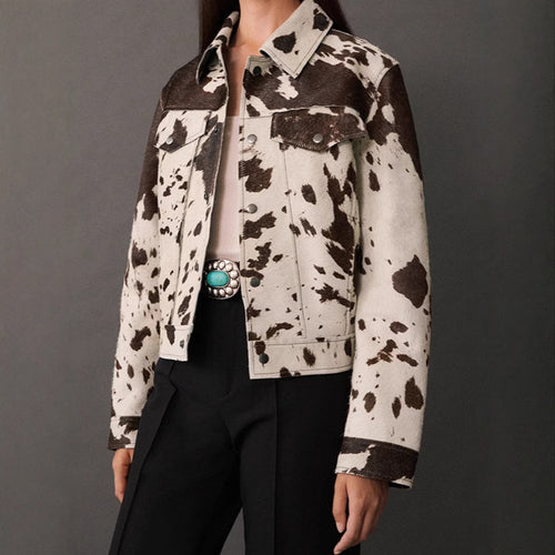Sheepskin fashion jacket for women with striking animal pattern Lune London
