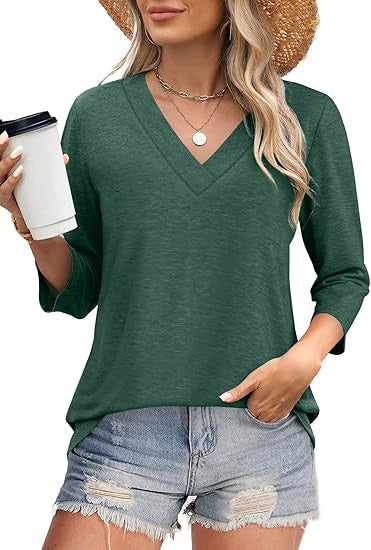 Women's V-Neck Top with Three-Quarter Sleeves and Side Slits Lune London