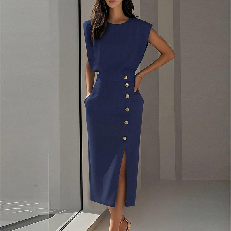 Robe midi élégante pour femmes avec détails de bouton et fente sur le côté Chic & Stil