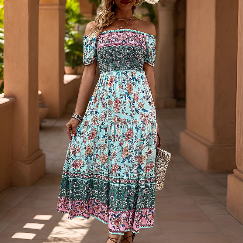 Robe Maxi Femme à Épaules Dénudées avec Imprimés Floraux et Ceinture Élastique Chic & Stil