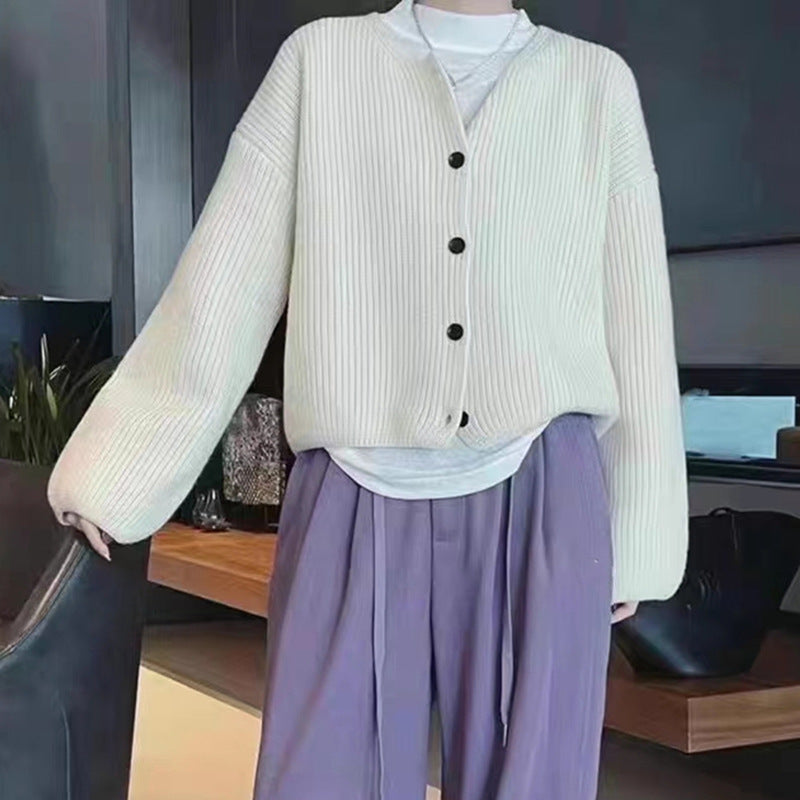 Casual knit jacket for women with open front buttons and balloon sleeves Lune London