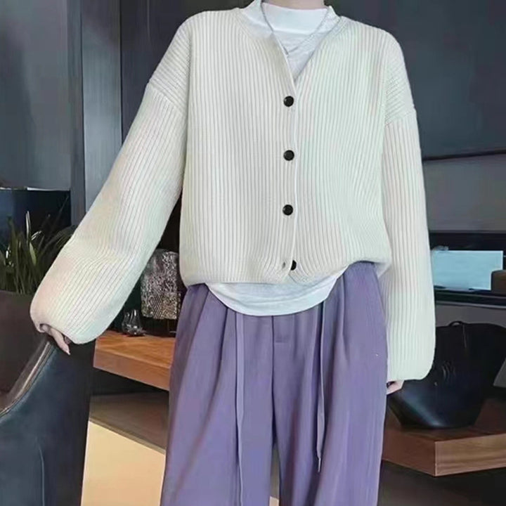 Casual knit jacket for women with open front buttons and balloon sleeves Lune London