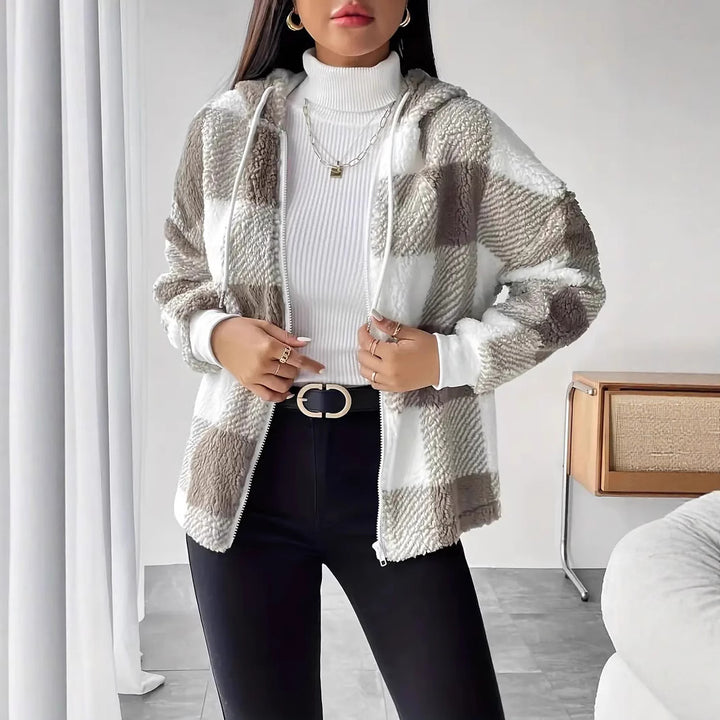 Ladies Cozy Hooded Jacket in Chic Checkered Design