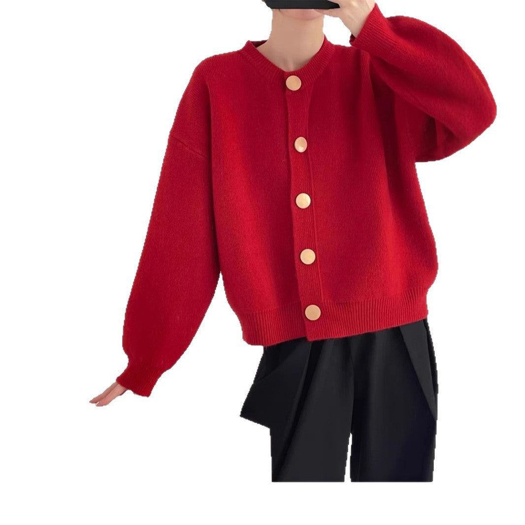 Oversized knit jacket for women with large wooden buttons and wide cut Lune London