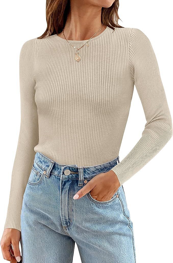 Woman Long Sleeve Ribbed Top with Classic Round Neck and Fitted Cut Lune London