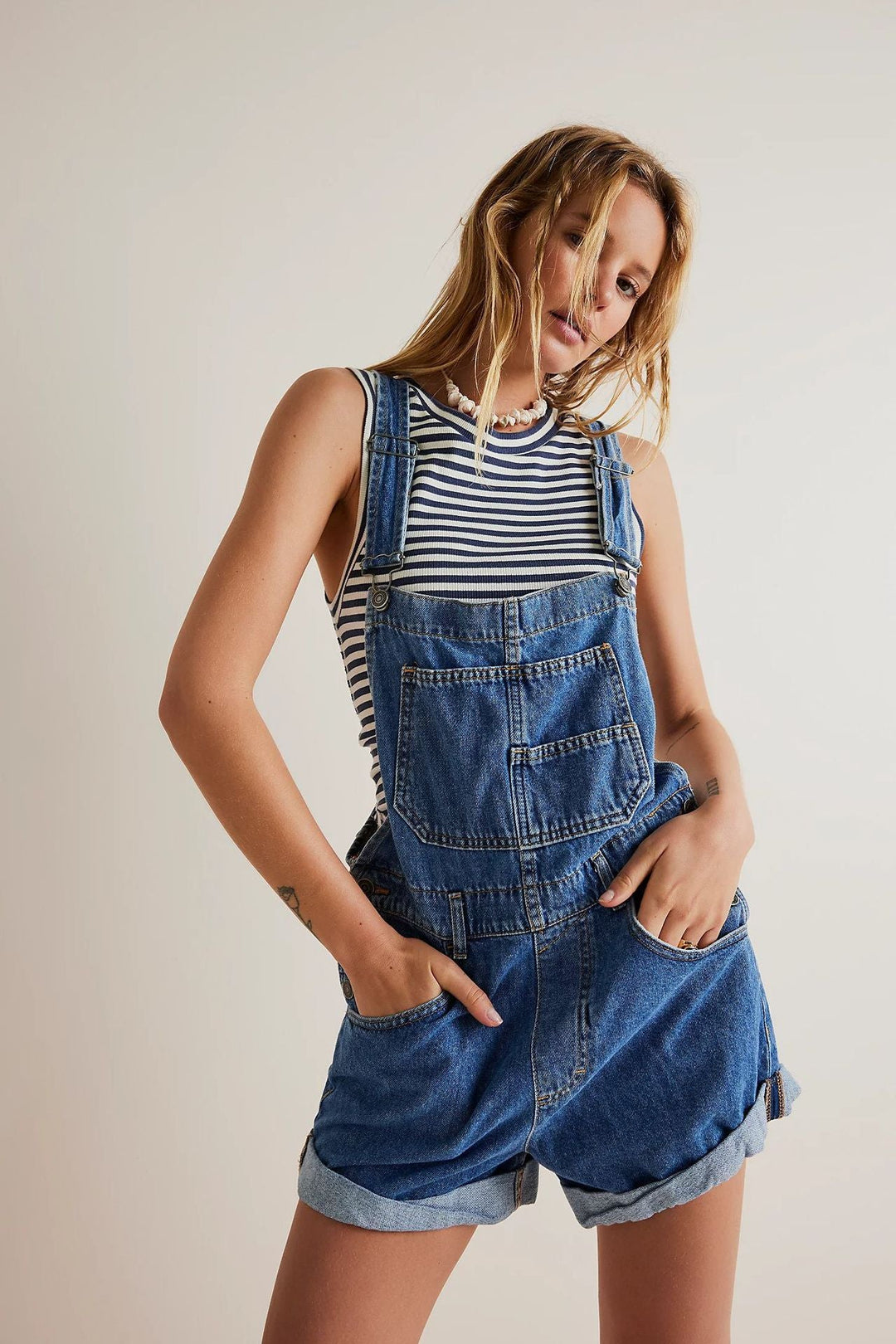 Women's Casual Denim Overalls Shorts with Functional Pockets and Adjustable Straps Lune London