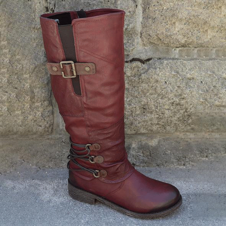 High leather boots for women with decorative buckles and elastic straps Lune London