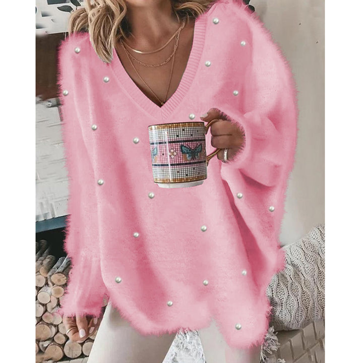 Oversized women's V-neck sweater with pearls Lune London